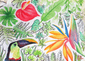 Toucan &eacute;clatant parmi les fleurs tropicales